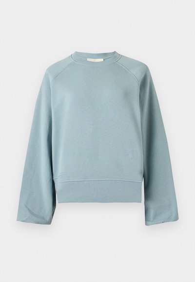Sweat-shirt bleu clair à col rond avec manches raglan longues, ourlet et poignets côtelés, présenté sur un fond blanc uni.