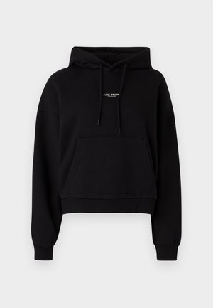 Schwarze, kurz geschnittene Kapuzenjacke aus Baumwollmischung mit einer Vordertasche, Kordelzugkapuze und einem kleinen weißen Logo auf der Brust. Weicher Stoff.