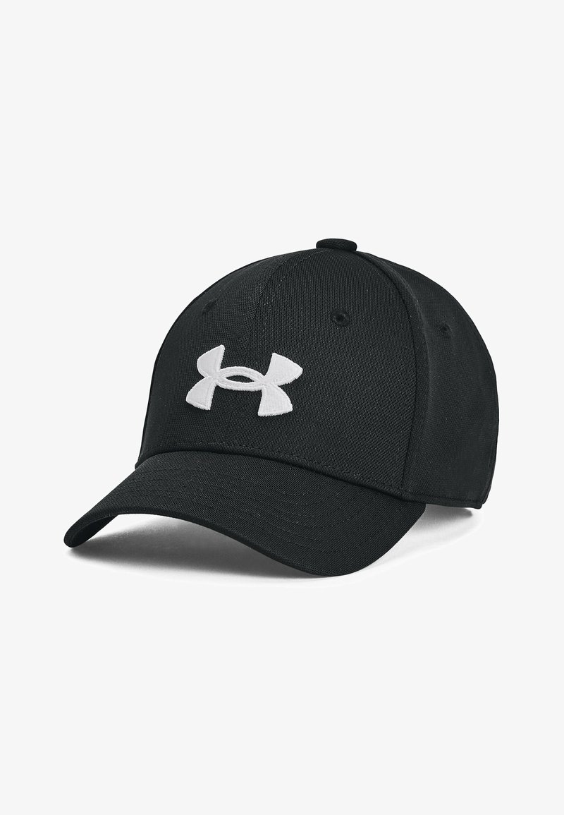 Black baseball cap made of fabric with a rounded crown, featuring a white Under Armour logo on the front and a curved brim.