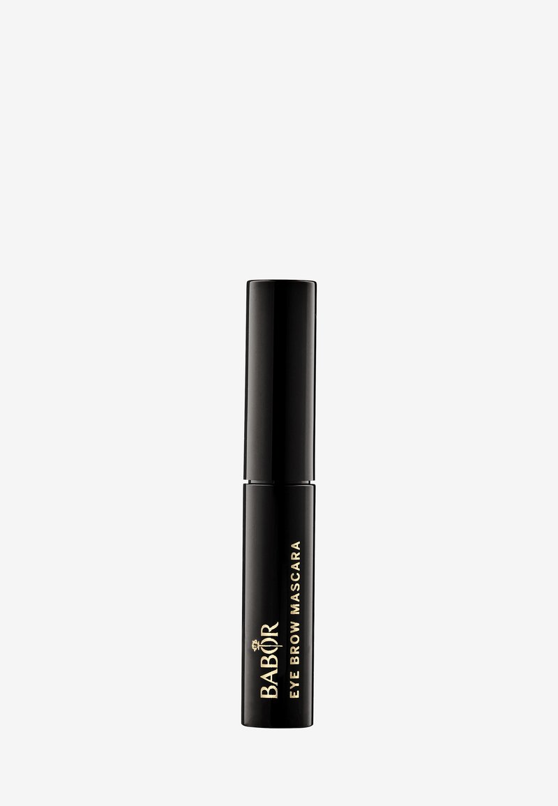 Tube de mascara noir avec texte doré, forme cylindrique, doté d'un applicateur effilé. Design minimaliste, idéal pour mettre en valeur les sourcils.