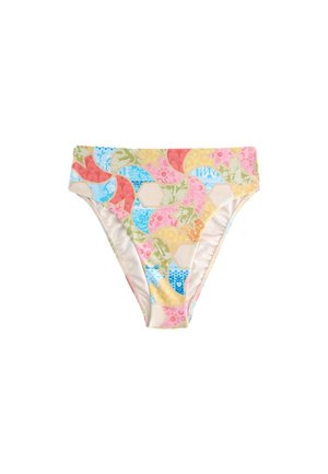 Kvinders bikiniunderdel med høj talje med multifarvet abstrakt og blomster patchwork mønster på hvid baggrund.