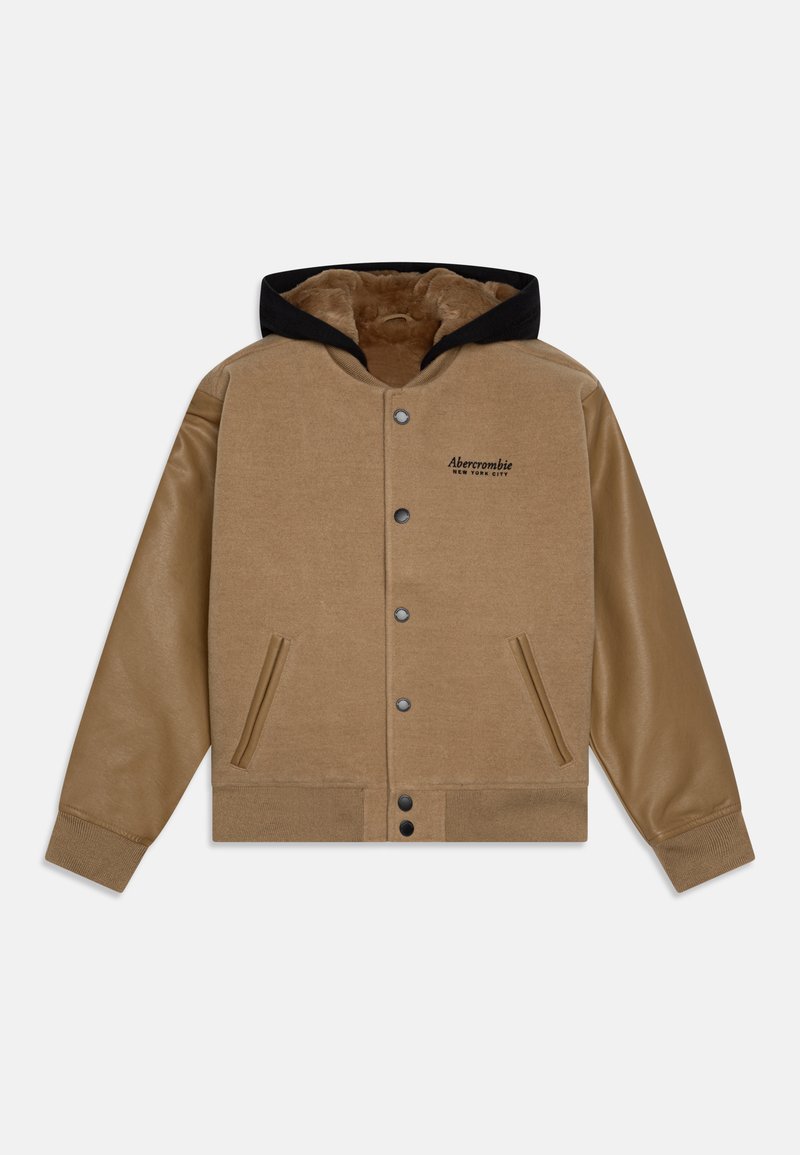 Brown hooded jacket with leather sleeves, fleece lining, snap buttons, and two front pockets. Features embossed brand logo on chest.