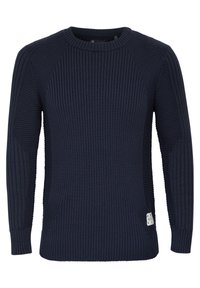 Granatowy sweter dzianinowy o ribowym wzorze z okrągłym dekoltem, długimi rękawami i bocznymi rozporkami; fakturowany materiał dodaje głębi, a całość wzbogacają mała metka z logo.