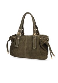 Groene suède handtas met dubbele handgrepen, zijkreukels en goudkleurige hardwareaccenten. Heeft trekkoorden en een zachte textuur.