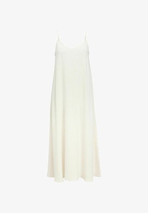 Langes weißes ärmelloses Kleid mit dünnen Schulterträgern und V-Ausschnitt, locker bis zum Boden fallend.