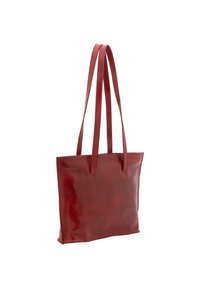Rode leren totebag met een gladde textuur, vlakken rechthoekige vorm en twee lange, smalle handvatten. Eenvoudig ontwerp zonder zichtbare hardware of patronen.