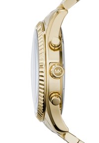 Gold-tone watch featuring a textured bezel, three buttons, and a smooth band, with a clear glass face and a round shape.