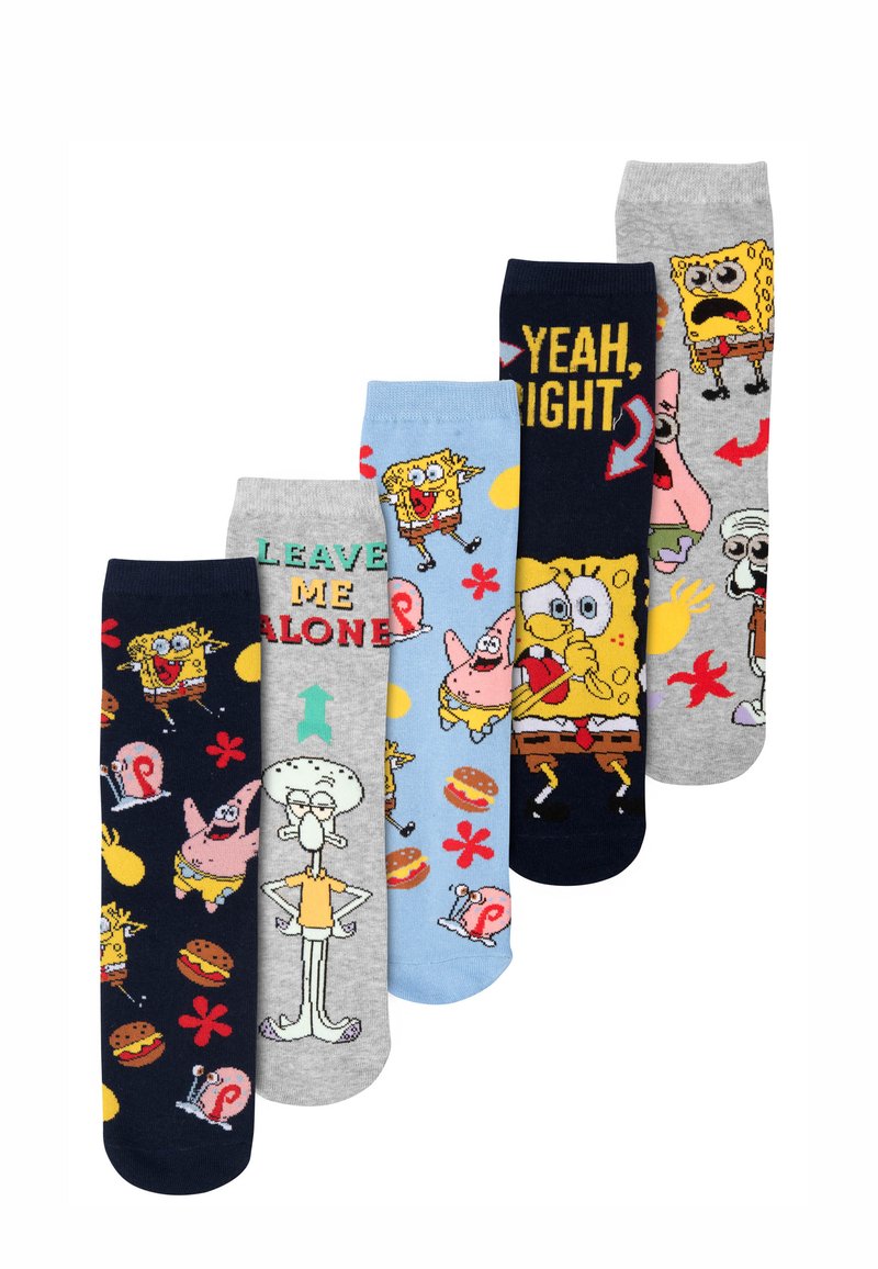 Five pairs of crew socks, featuring colorful cartoon characters, patterns, and phrases. Materials vary: navy, gray, and light blue colors; breathable fabric.