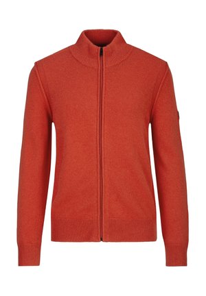Herren Langarm Strickcardigan in verbranntem Orange mit hohem Kragen und durchgehendem Frontreißverschluss.