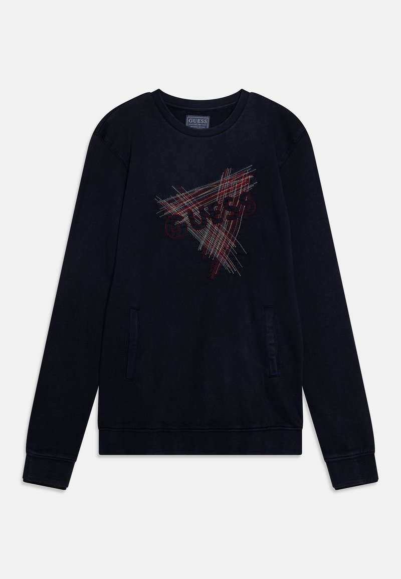 Sweat-shirt noir à manches longues avec un motif triangulaire en tartan et le logo "GUESS" brodé sur le devant, doté de poches latérales.