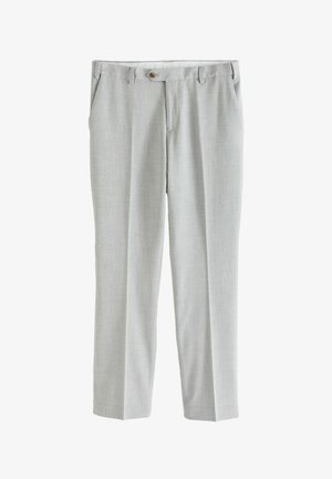 Jasnoszare męskie spodnie wizytowe z szlufkami na pasek, przednimi kieszeniami, zapięciem na guziki i prostą nogawką.