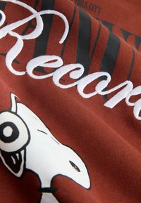 Brązowa tkanina z nadrukowanym białym i czarnym tekstem oraz ilustracją psa w stylu kreskówkowym. Tekstura wydaje się miękka z delikatnym połyskiem.