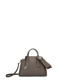 Sac à main en cuir gris avec un design structuré, deux poignées supérieures, une bandoulière amovible, un accent en forme de nœud et un logo en relief à l'avant.