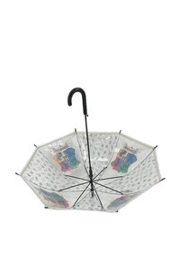 Clear umbrella with black handle. Features colorful Hogwarts house emblems and icons on a white background. Black metal frame.
