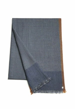 Woven wool blanket featuring a blue checkered pattern, fringed edges, and a brown accent stripe. Compact and textured design.