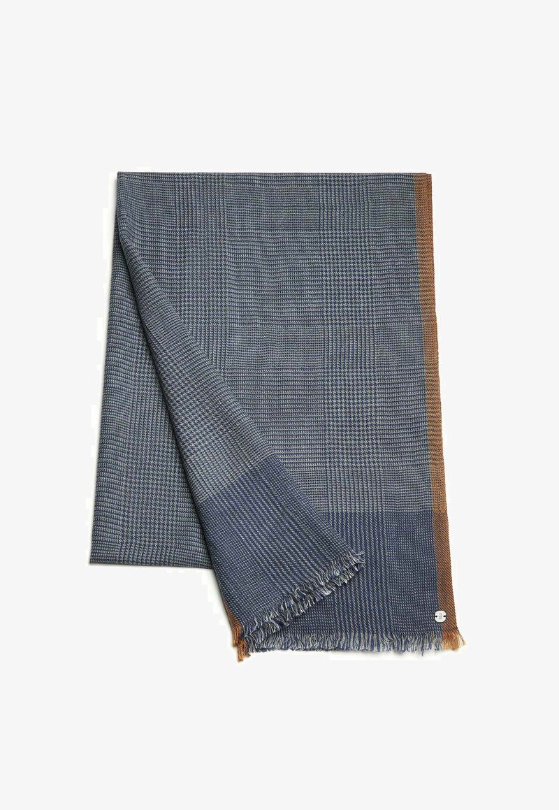 Woven wool blanket featuring a blue checkered pattern, fringed edges, and a brown accent stripe. Compact and textured design.