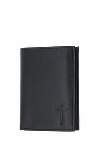 Black leather wallet with a folded design, featuring a raised cross emblem. Smooth texture with tonal stitching and clean edges.