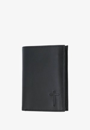 Black leather wallet with a folded design, featuring a raised cross emblem. Smooth texture with tonal stitching and clean edges.