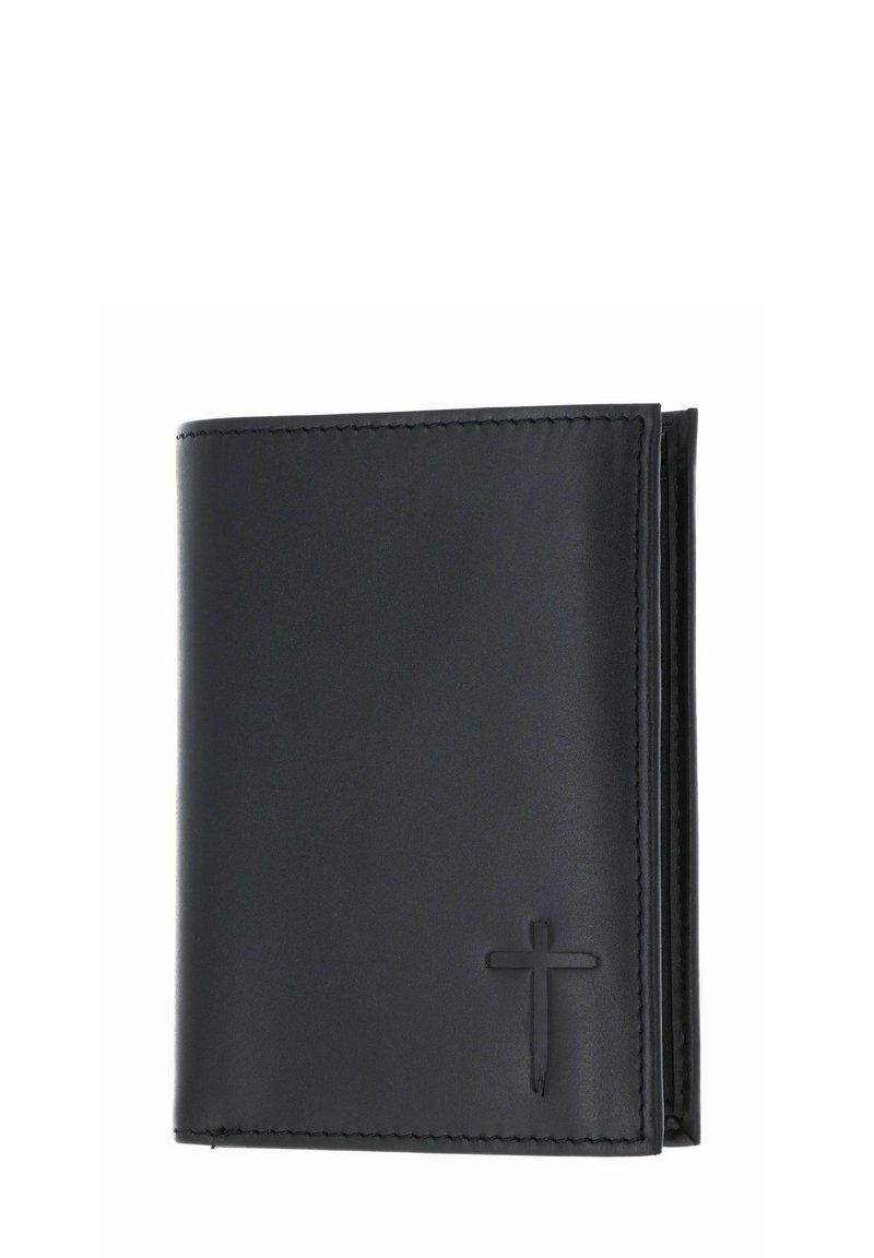 Black leather wallet with a folded design, featuring a raised cross emblem. Smooth texture with tonal stitching and clean edges.
