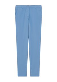 Helle blaue Hose aus einem glatten Stoff, mit einem knopfgeschlossenen Bund, Fronttaschen und einem schlanken, zulaufenden Beinschnitt.