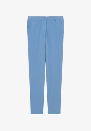 Light blue trousers made from a smooth fabric, featuring a buttoned waistband, front pockets, and a slim, tapered leg design.