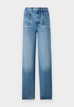 Světlomodré džíny s vysokým pasem, rovnými nohavicemi, předními kapsami a vybledlým zakončením na dolním lemu.