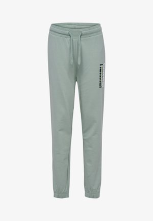 Helle grüne Sweatpants mit einem Kordelzugbund, schmal zulaufenden Beinen und einem seitlichen Logo in kontrastierenden Farben. Weicher, glatter Stoff mit Bündchen.
