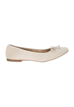 Beige suede ballet flats with a pointed toe design, featuring a thin bow accent at the front and a small, flat rubber sole.