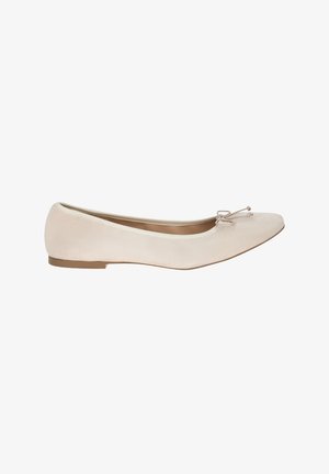 Beige suede ballet flats with a pointed toe design, featuring a thin bow accent at the front and a small, flat rubber sole.