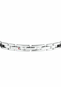 Bracciale in metallo argentato con maglie intrecciate, caratterizzato da un accento nero, una maglia marchiata "SECTOR" e un dettaglio rosso. Superficie liscia.