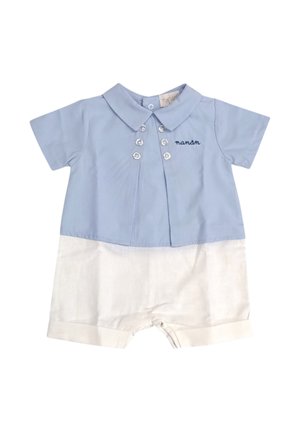 Tutina per neonati blu e bianca con colletto, sei bottoni frontali e la scritta "nanan" ricamata sul petto.