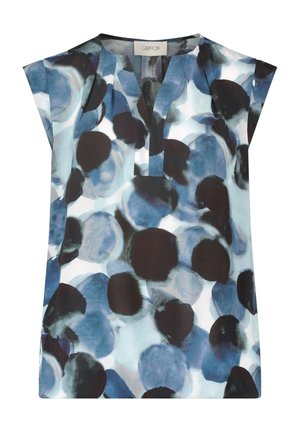 Blå, sort og hvid abstrakt akvarelprintet ærmeløs bluse med delt V-hals og etiket "Cartoon" inde i kraven.