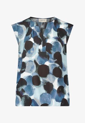 Chemisier sans manches à imprimé aquarelle abstrait bleu, noir et blanc avec un col en V fendu et une étiquette "Cartoon" à l'intérieur du col.