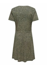 Kurzärmliges Kleid in Olivgrün mit schwarzem Leopardenmuster. Verfügt über eine taillierte Passform und einen ausgestellten Rock, hergestellt aus einem weichen Baumwollmischgewebe.