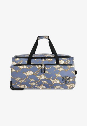 Duffle bag with a blue background featuring a cream and brown running animal pattern. Black zippers and handles, reinforced base.