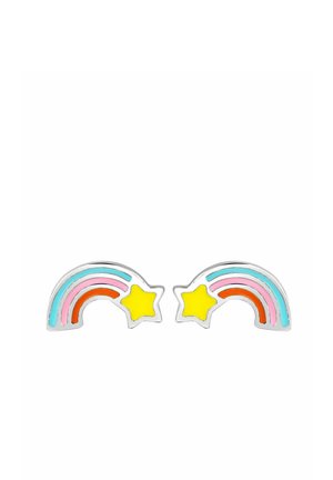 Paire de boucles d'oreilles en argent en forme d'étoiles filantes avec une étoile jaune et des traînées arc-en-ciel en émail bleu, rose et orange.