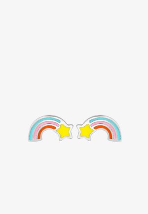 Paar silberner Ohrringe in Form von Sternschnuppen mit gelbem Stern und Regenbogenschweifen in Blau, Pink und Orange Emaille.