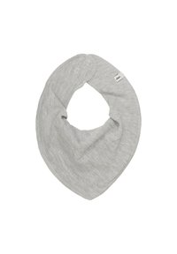 Ljusgrå tygbandana med två tryckknappar och en liten rektangulär vit märkesetikett på vit bakgrund.