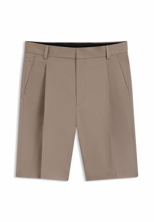 Beige knee-length tailored shorts with belt loops, front side pockets, and a clean, structured design.