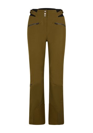 Olive green outdoor pants with a fitted waist, zippered pockets, and reinforced lower legs. Made of a smooth, durable material with a slight sheen.