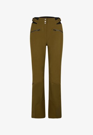 Olive green outdoor pants with a fitted waist, zippered pockets, and reinforced lower legs. Made of a smooth, durable material with a slight sheen.
