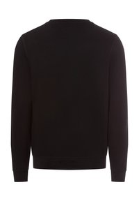 Zwarte sweatshirt, lange mouwen, ronde hals, gemaakt van een gladde stof. Heeft ribgebreide manchetten en zoom, zonder zichtbare logo's of patronen.