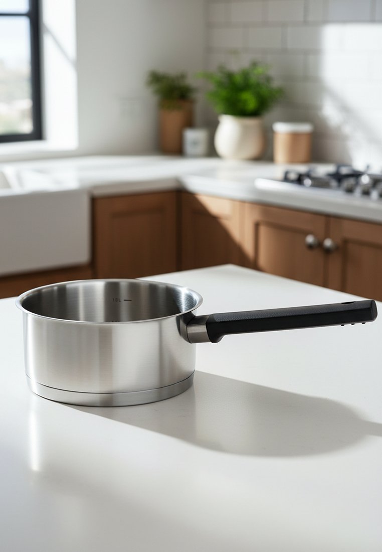 Nerezová rendlík s černou rukojetí na bílé kuchyňské lince, v pozadí dřevěné skříňky, rostliny a plynový sporák.