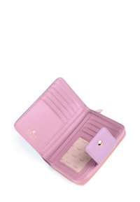 Purple leather wallet with a zip closure, six card slots, a clear ID window, and a snap pocket, featuring a gold logo and smooth texture.