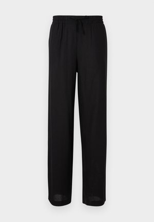 Pantalon noir ample avec taille élastique et cordon de serrage, coupe droite, adapté pour une tenue décontractée.