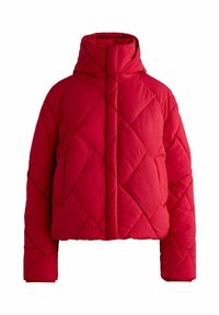 Rød quiltet dunjakke med høj krave, lange ærmer og kort design. Har diamantmønstrede syninger og en glat tekstur.