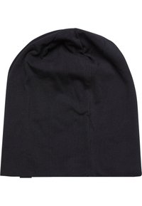 Beanie in tessuto nero con una texture morbida, parte superiore arrotondata e senza loghi o motivi visibili. Design semplice e minimalista adatto a diverse occasioni.
