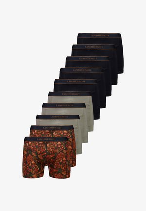 Set di dieci boxers in nero, grigio e camouflage foglia d'autunno, tutti con elastico nero e logo arancione "Lindbergh".
