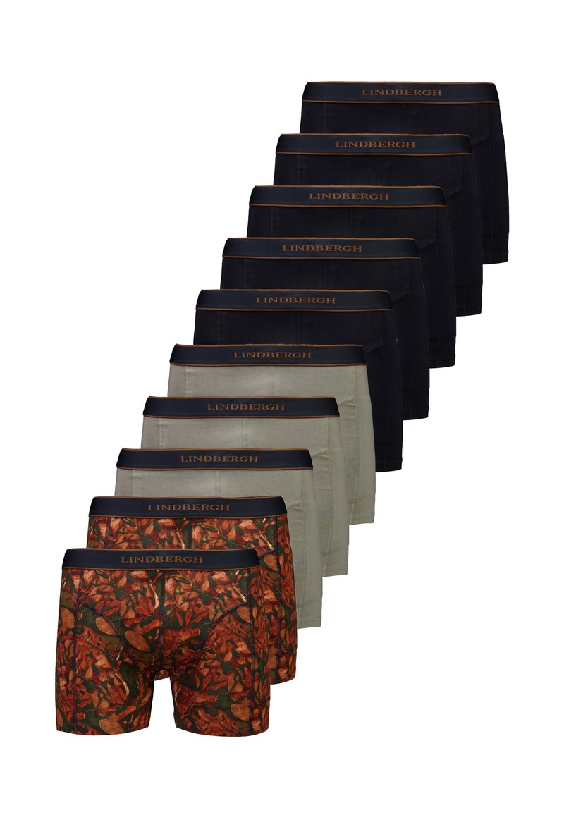 Conjunto de diez bóxers para hombres en negro, gris y camuflaje de hoja de otoño, todos con cinturillas negras y el logo naranja de "Lindbergh".