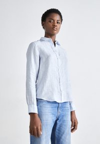 Jasnoniebieska lniana koszula z długimi rękawami, z kołnierzykiem na guziki i guzikami z przodu, w połączeniu z jasnoniebieskimi dżinsami.